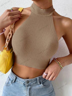 Backless Ribbed Knit Halter Crop Top – Slim Fit Casual Streetwear - Piña Colada