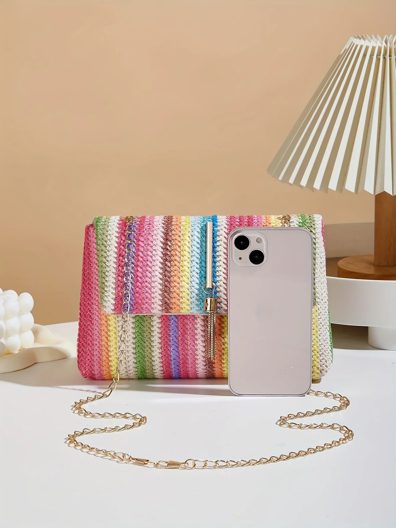 Chic Rainbow Stripe Straw Crossbody - Piña Colada