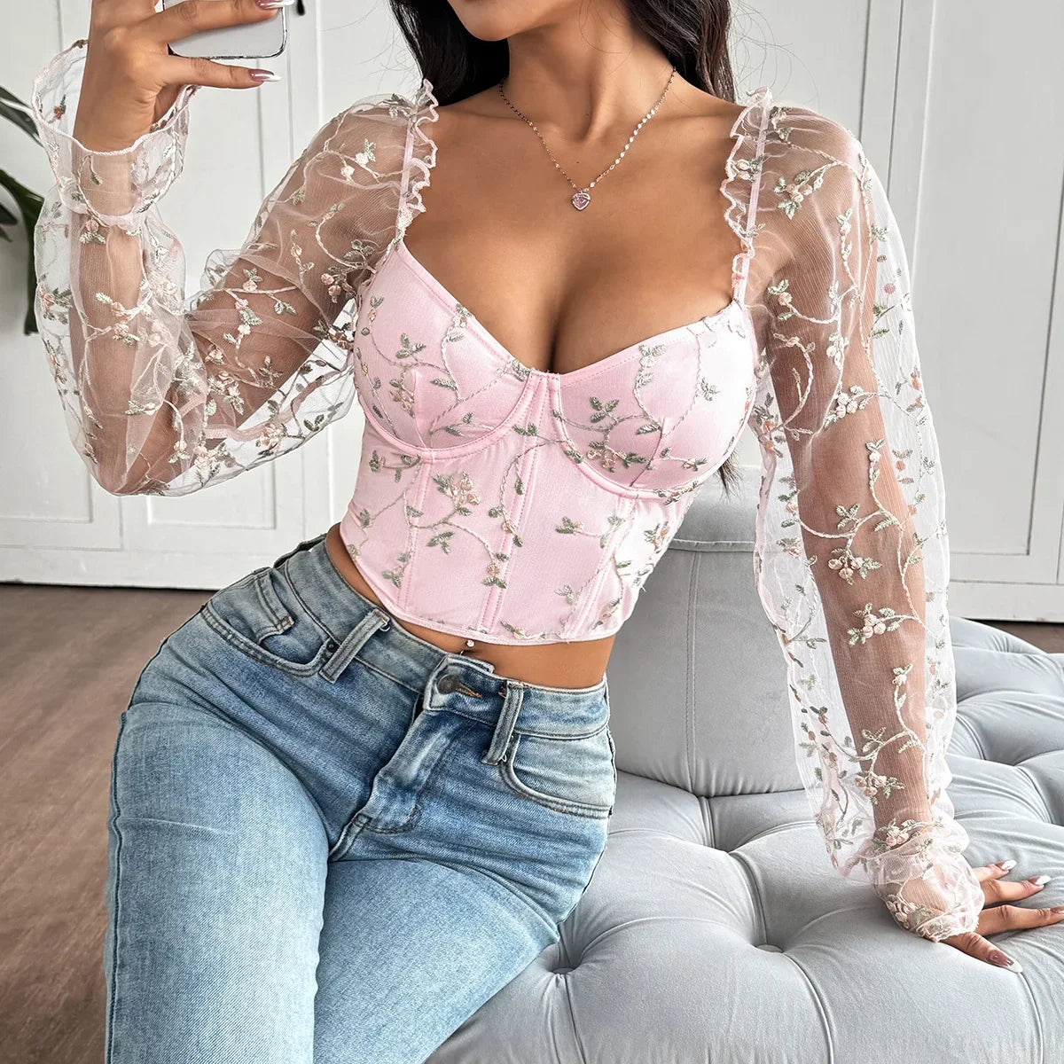Mesh Long Sleeve Corset - Piña Colada