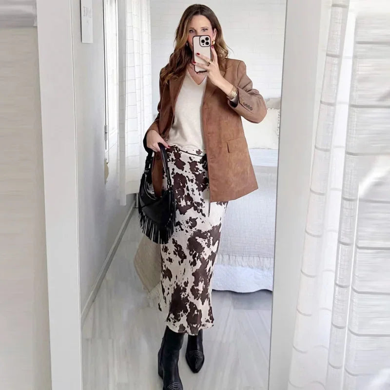 Satin Long Skirts Animal Print - Piña Colada