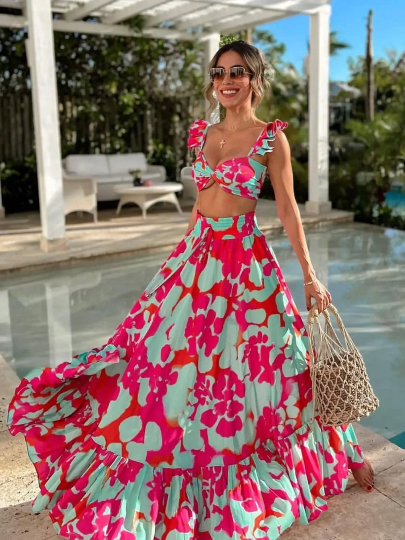 Draped Print V-Neck Maxi Dress – Beachwear Edition - Piña Colada