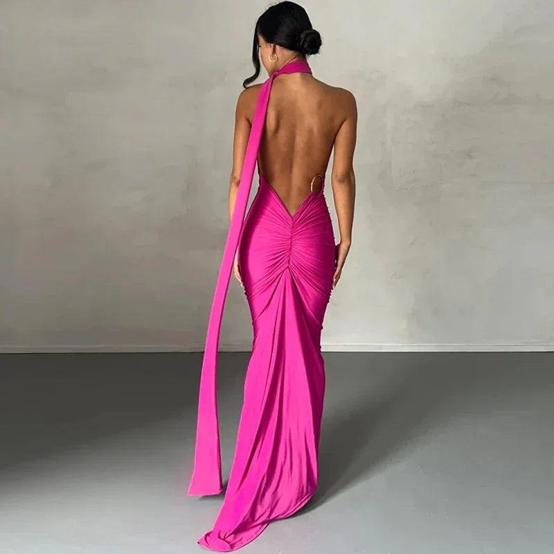 One Shoulder Backless Adjustable Scarf Maxi Dress - Piña Colada