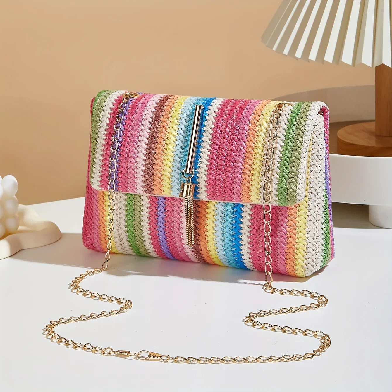 Chic Rainbow Stripe Straw Crossbody - Piña Colada