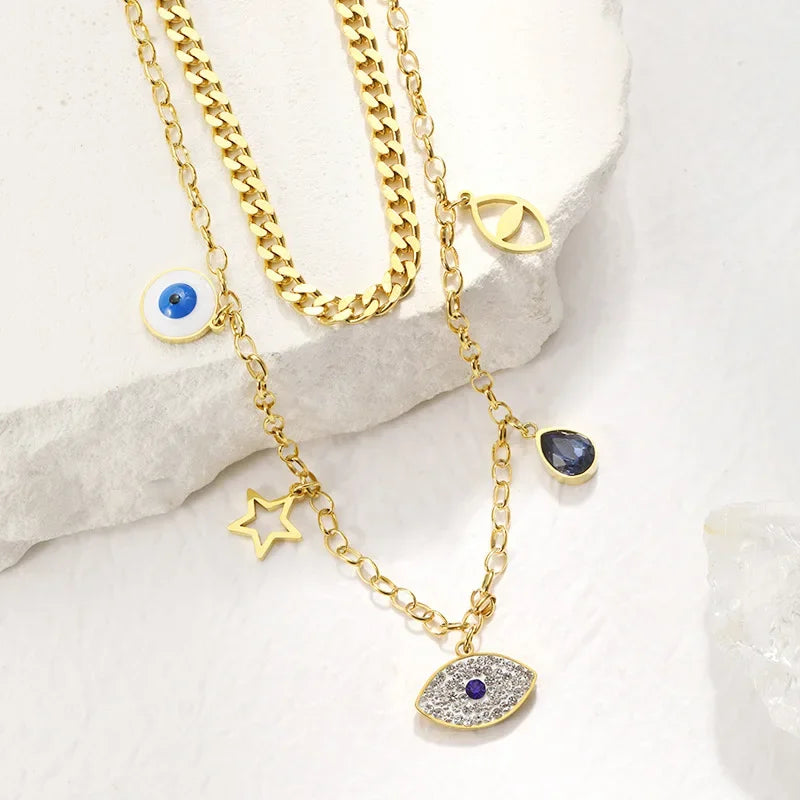 Double Layer Hollow Star & Eye Pendant Necklace - Piña Colada