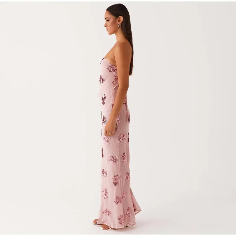Sequin Backless Long Halter Dress - Piña Colada