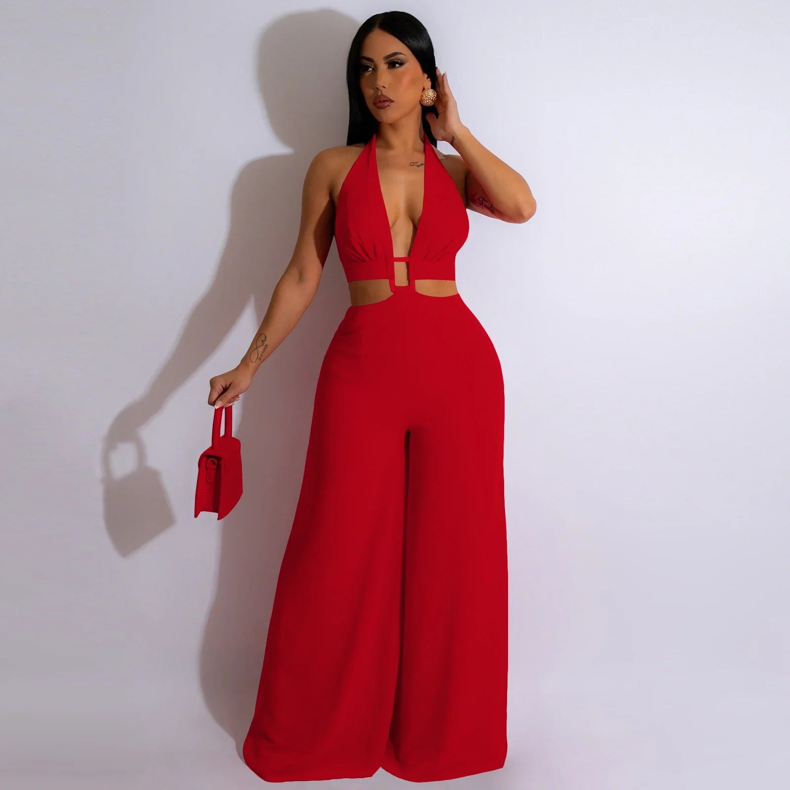 Cutout Halter Wide-Leg Jumpsuit - Piña Colada