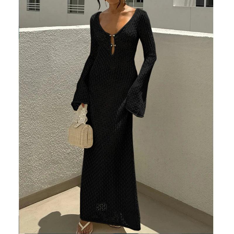 Knitting Hollow Out V-Neck Long Sleeve Dress - Piña Colada