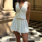V-Neck Vest & Pleated Mini Skirt Set - Piña Colada