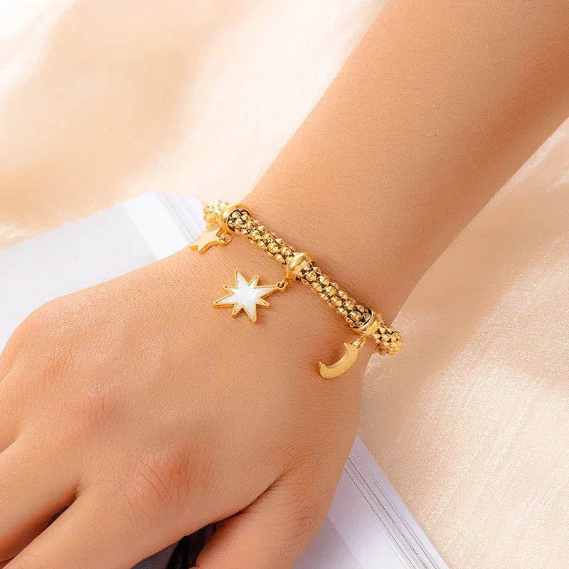 Thick Stainless Steel Star Flower Pendant Bracelet - Piña Colada