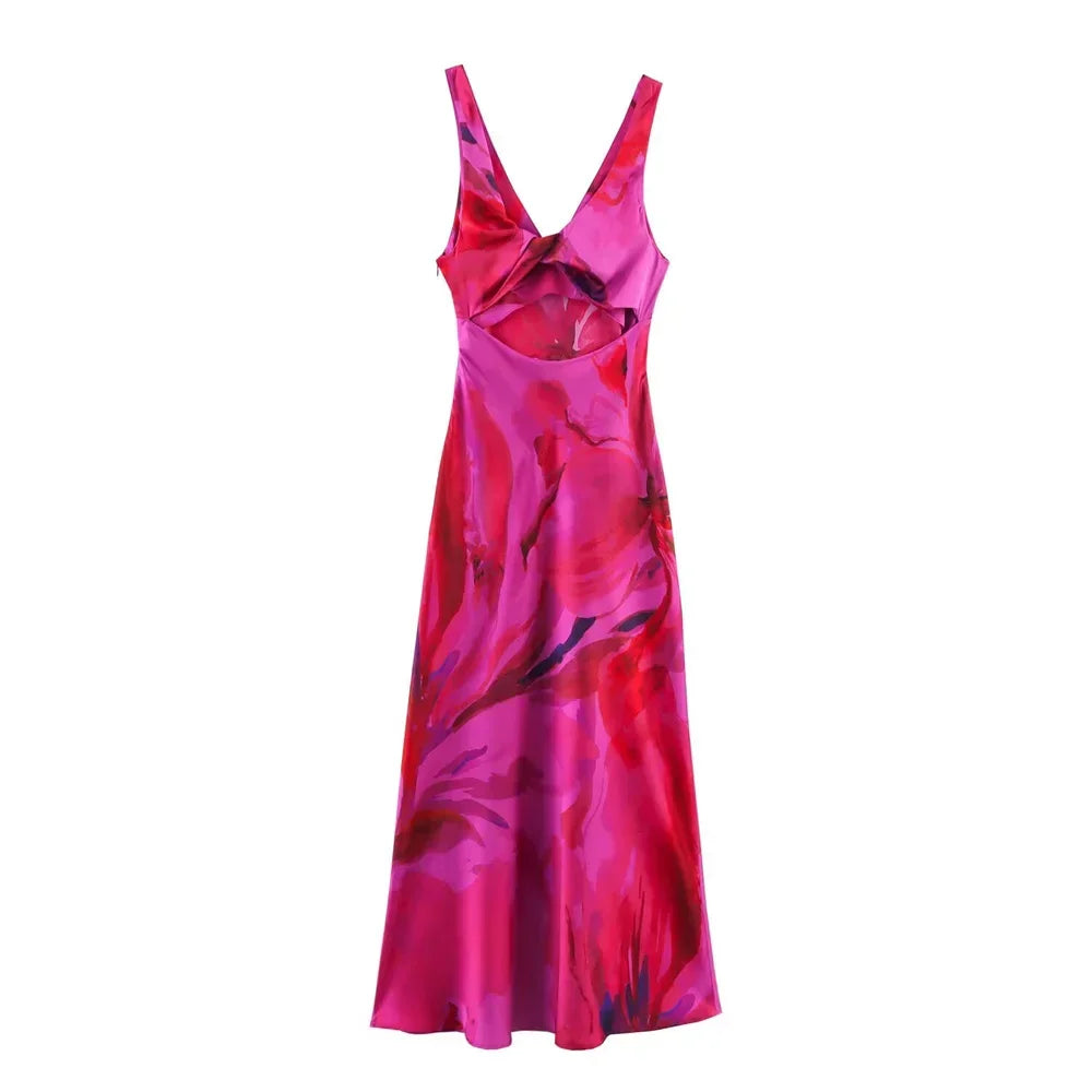 Printed Backless Midi Dress – Sleeveless V-Neck - Piña Colada