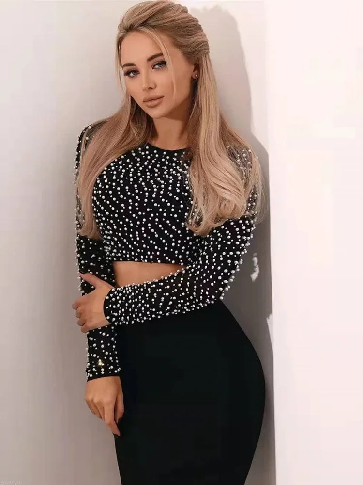 Beaded Knit Two-Piece Set – Elegant Mini Skirt &amp; Long Sleeve Top - Piña Colada