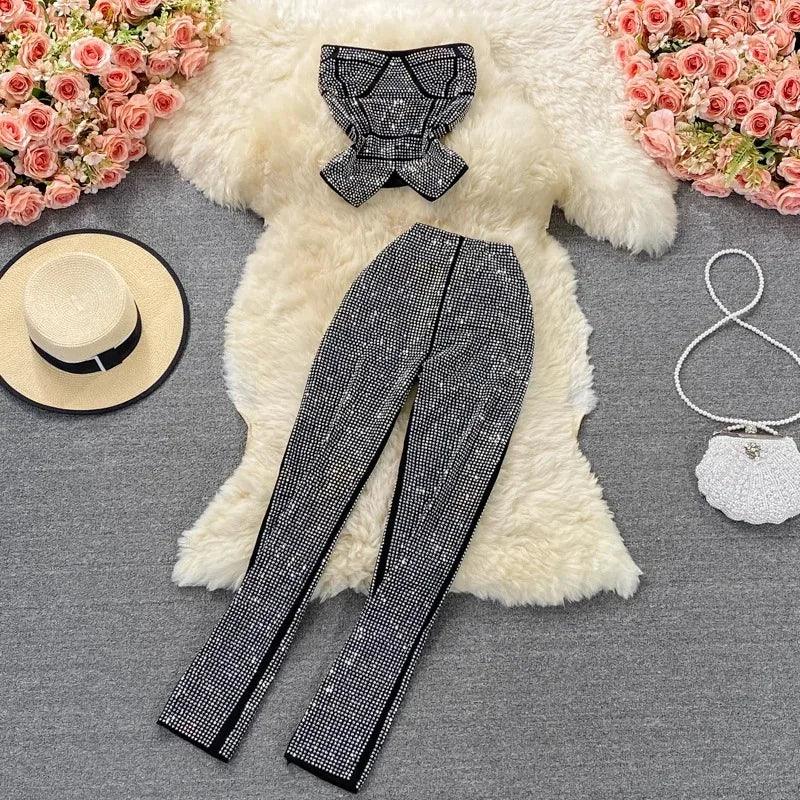 Rhinestone Slash Neck Crop Top & High Waist Pants Set - Piña Colada