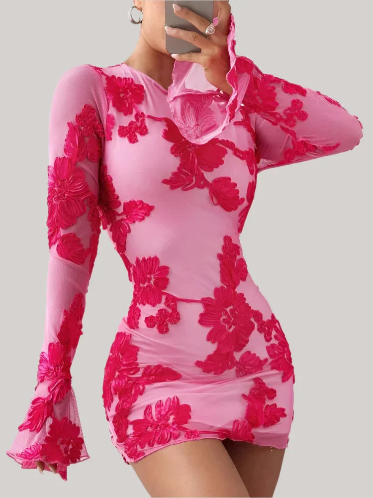 Glam Backless Floral Mesh Short Dress - Piña Colada