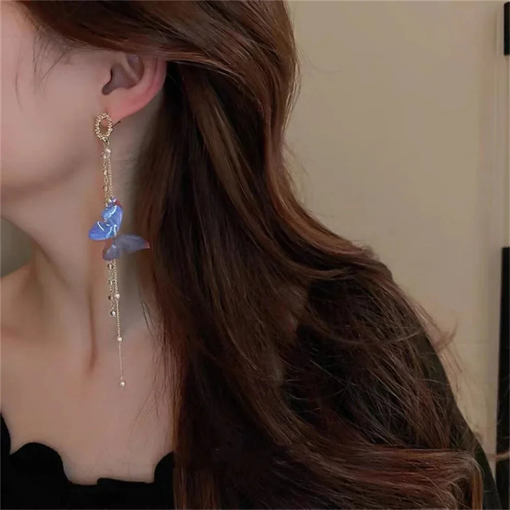 Zircon Crystal Pearls Long Tassel Butterfly Earrings - Piña Colada