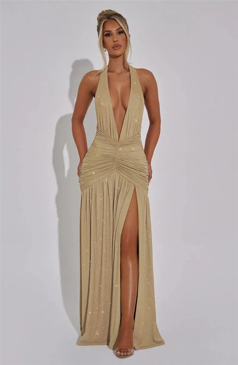 Mozision Sequin V-Neck Floor-Length Dress – Sexy & Club Evening Gown - Piña Colada