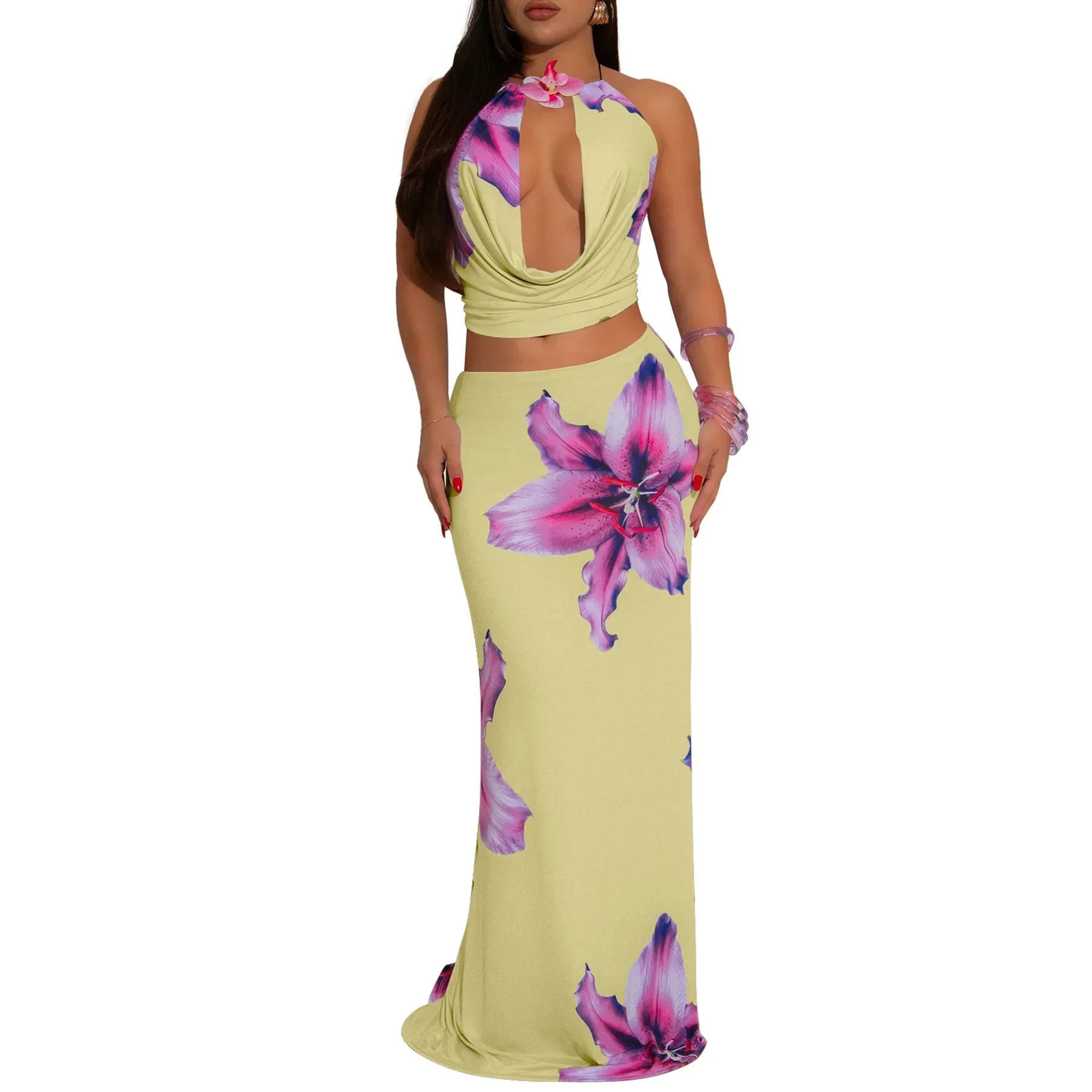 Floral Crop Top & Bodycon Skirt Set - Piña Colada