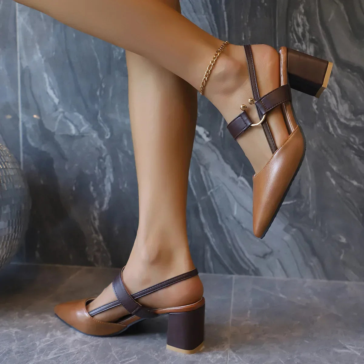 Elegant Pointed Toe Chunky Heel Sandals - Piña Colada