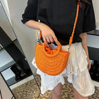 Boho Rattan Half-Moon Crossbody Bag – Handwoven Summer Straw Shoulder Purse - Piña Colada