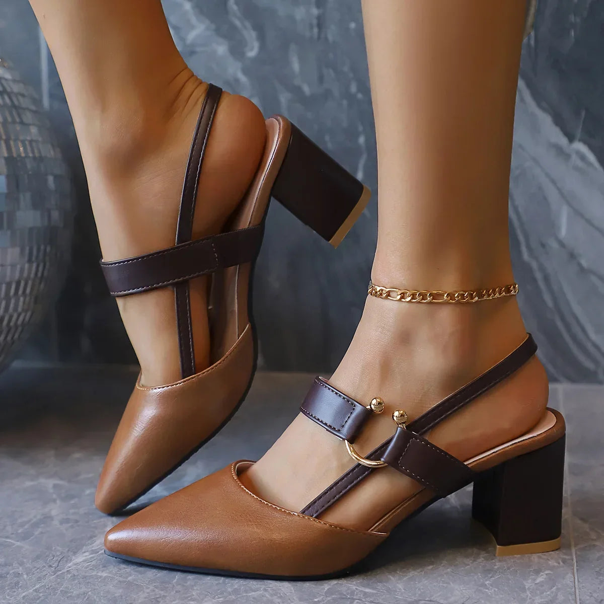 Elegant Pointed Toe Chunky Heel Sandals - Piña Colada