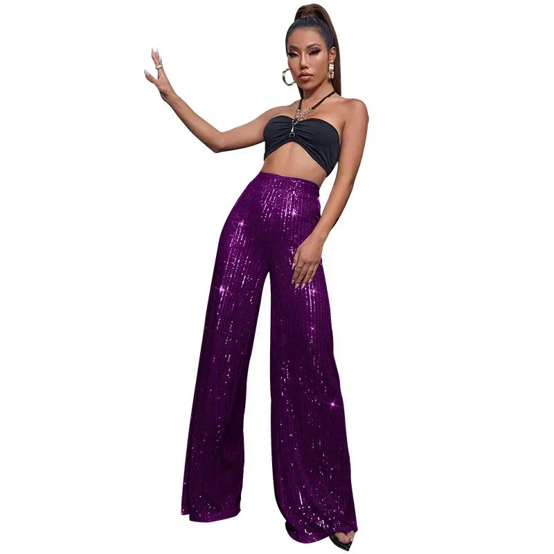 High Waist Loose Sequin Wide Leg Pants - Piña Colada