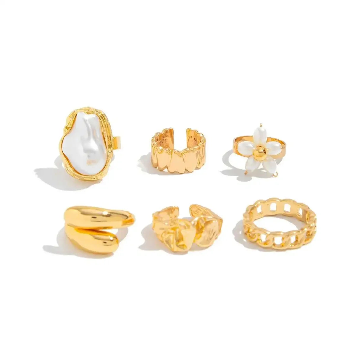 6Pcs/set Pearl Open Irregular Pleated Rings - Piña Colada