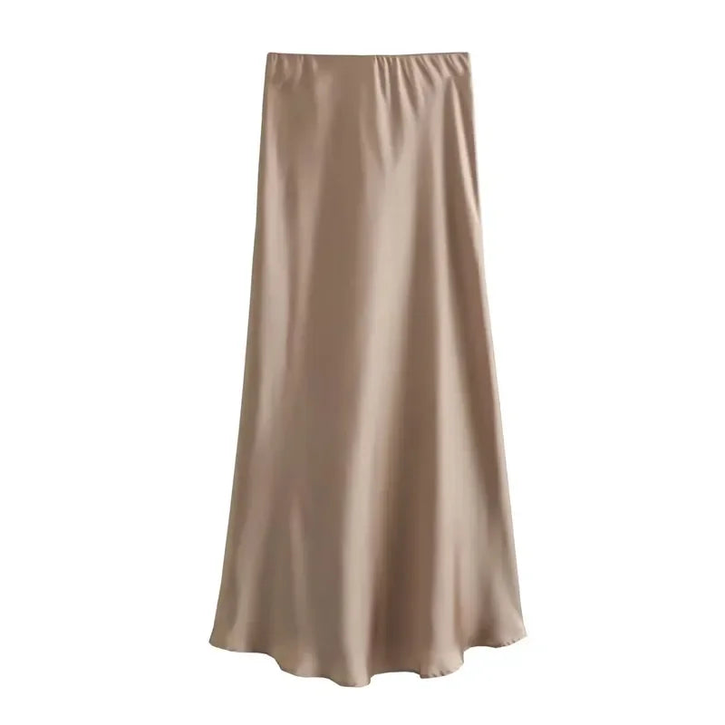 Elegant Satin Midi Skirt – Office Chic Mid-Calf Silhouette - Piña Colada