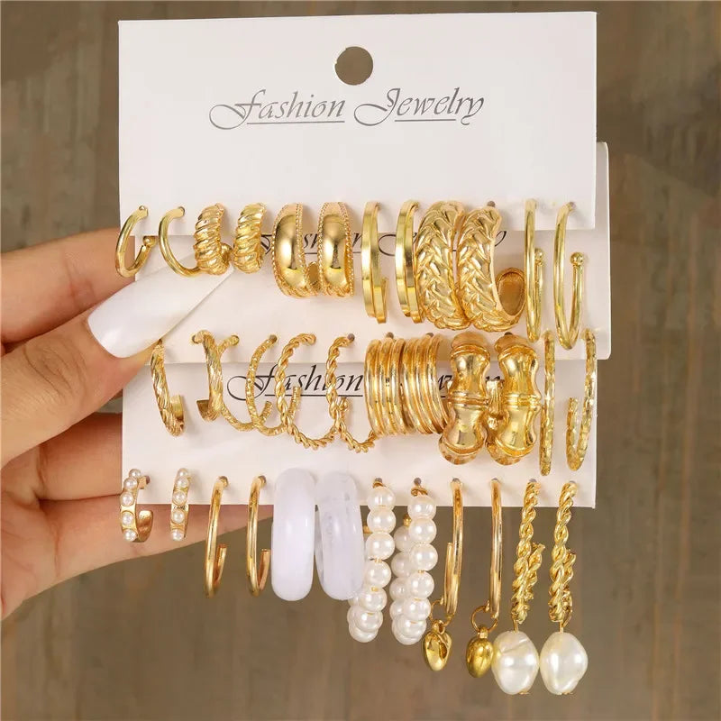 Modyle Geometric Pearl Hoop Earrings Set - Piña Colada