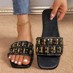 Crystal Boho Slide Sandals – White/Black - Piña Colada