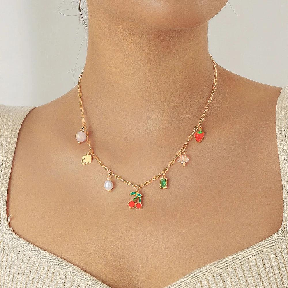Stainless Steel Pearl Strawberry Necklace - Piña Colada