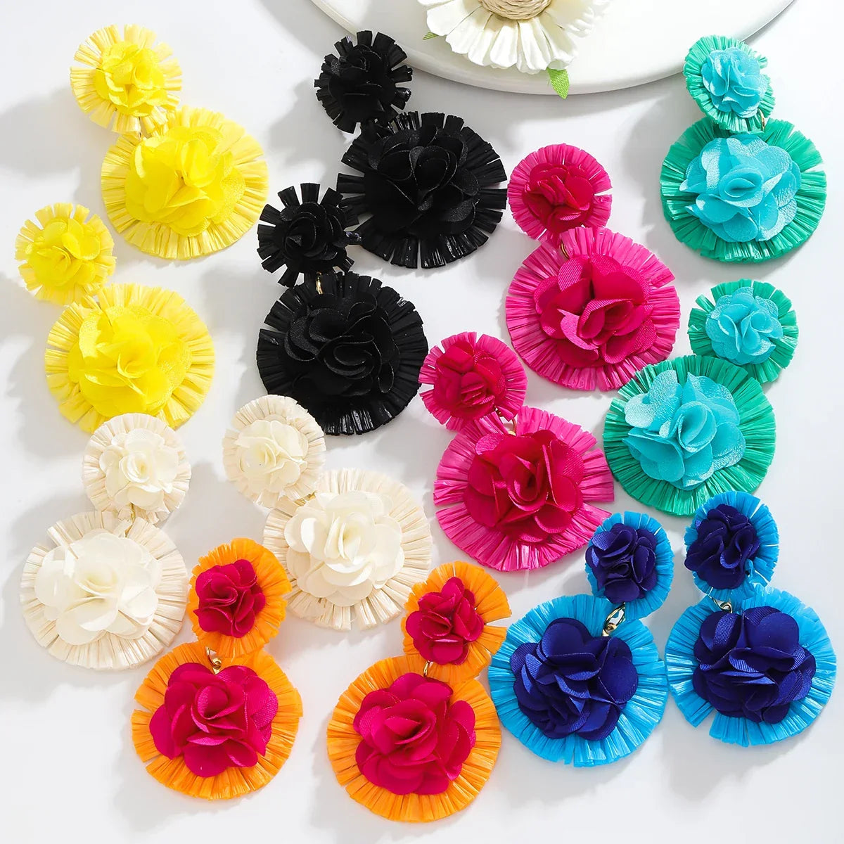 Bohemian Raffia Flower Drop Earrings - Piña Colada