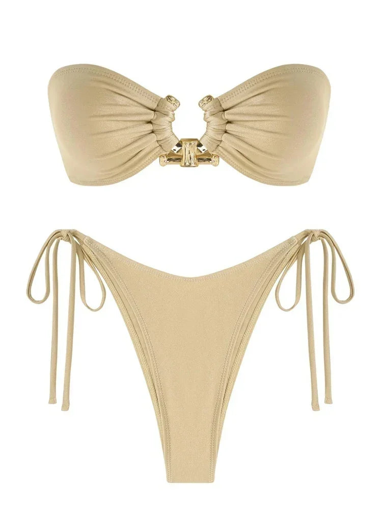 Solid Ring Detail Bikini Set - Piña Colada