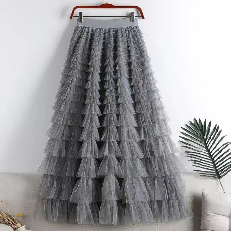 Long Skirt Tulle High Waist Pleated - Piña Colada