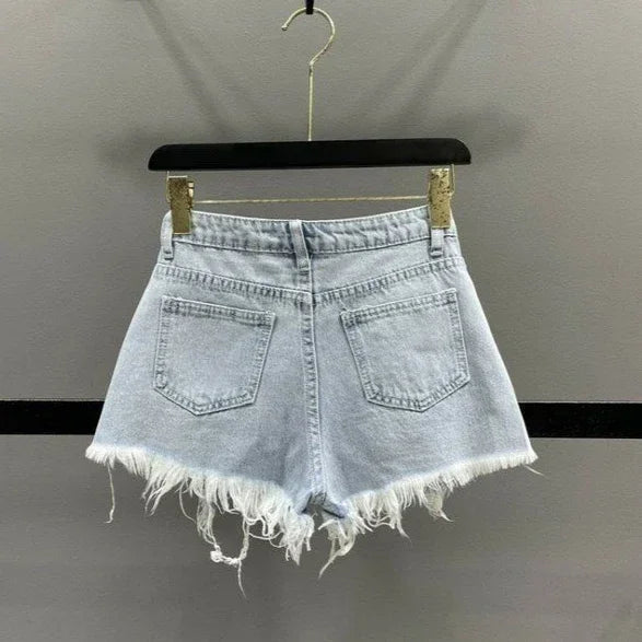 High Waist Polka Dot Denim Shorts - Piña Colada