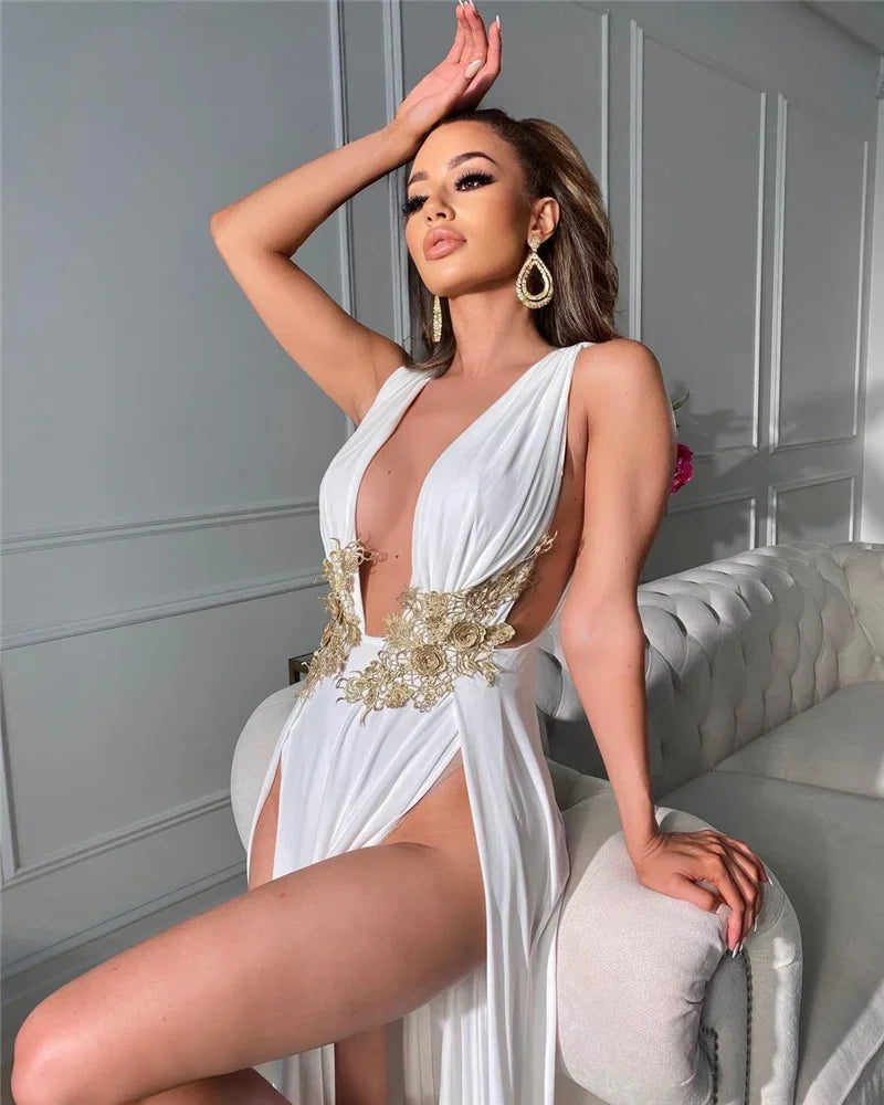 Elegant V-Neck Embroidered Maxi Dress - Piña Colada
