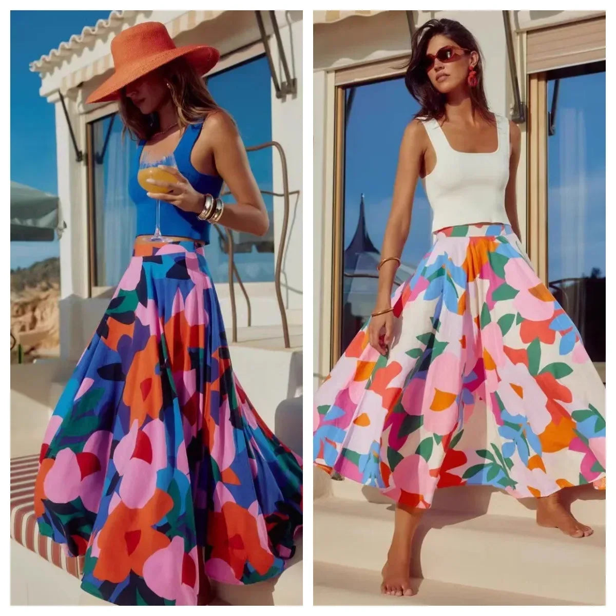 Long Printed Halter Neck Midi Skirt - Piña Colada