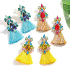 Boho Rhinestone Leaf Tassel Earrings – Statement Dangle Earrings for Women - Piña Colada