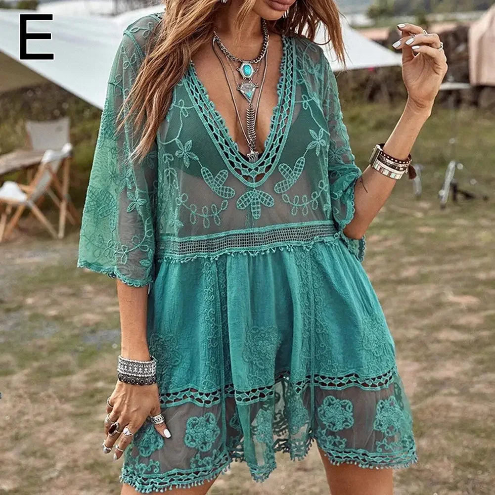 Bikini Cover-up Deep V-neck Short Sleeve Dress - Piña Colada