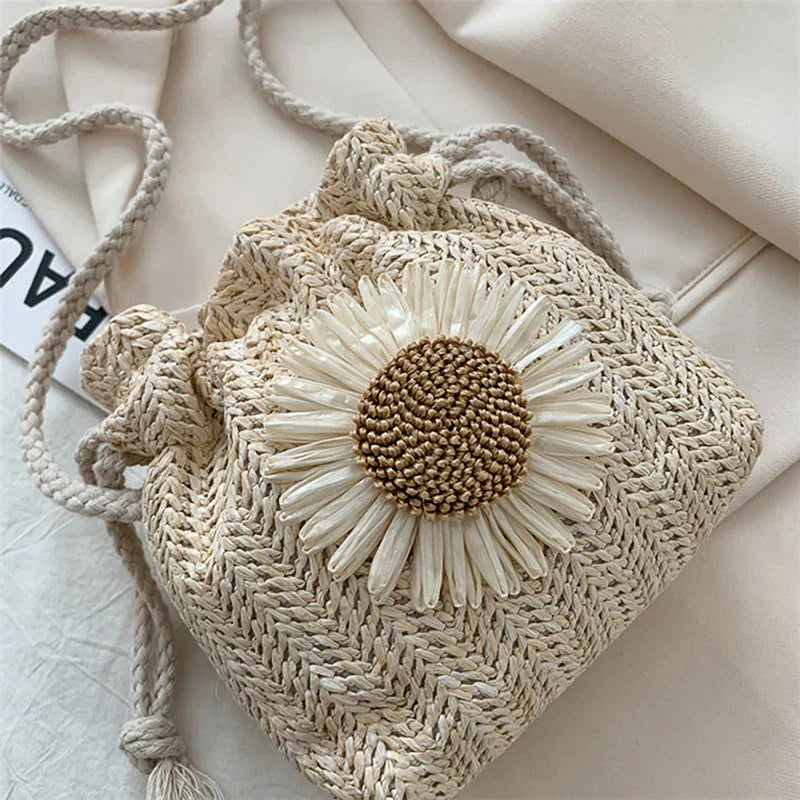Straw Bag Handbag Knit Flower - Piña Colada