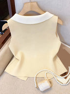 Slim Fit Patchwork Buttoned Knit Blouse – High Stretch Elegance - Piña Colada