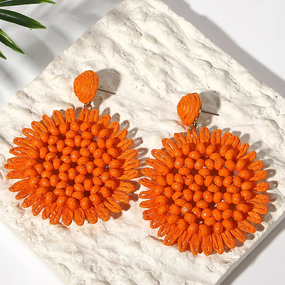 Boho Raffia Flower Drop Earrings - Piña Colada