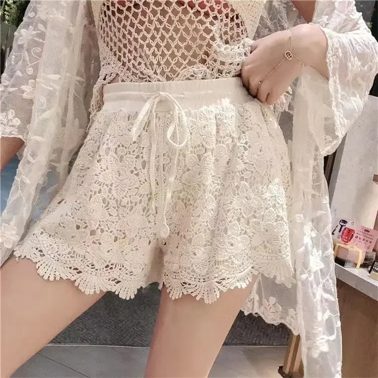 Casual High-Waist Appliqué Shorts with Drawstring - Piña Colada