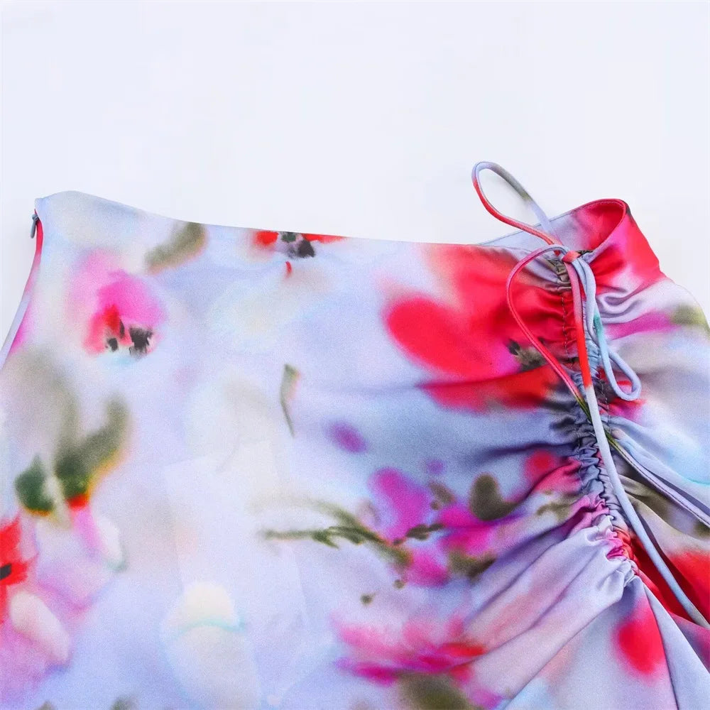 Floral Print Ruched Side Wrap Maxi Skirt - Piña Colada