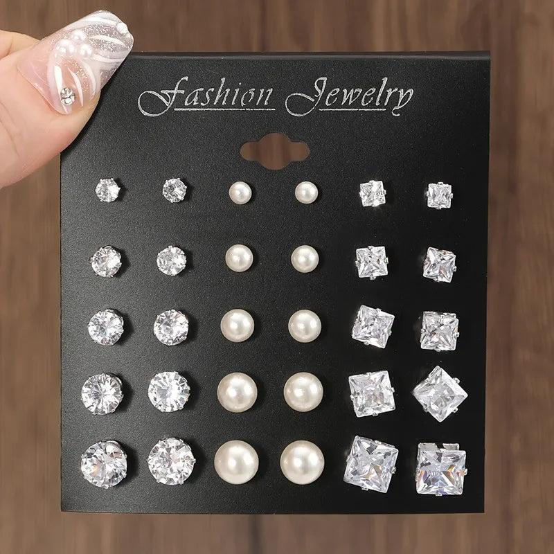 30PCS Retro Pearl & Crystal Zircon Earrings Set - Piña Colada