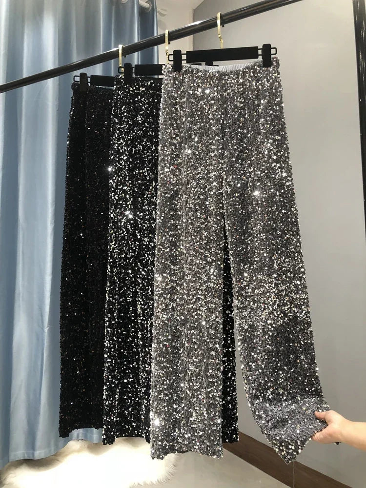 Sequined Wide-Leg Floor-Length Pants – High Waist Streetwear - Piña Colada