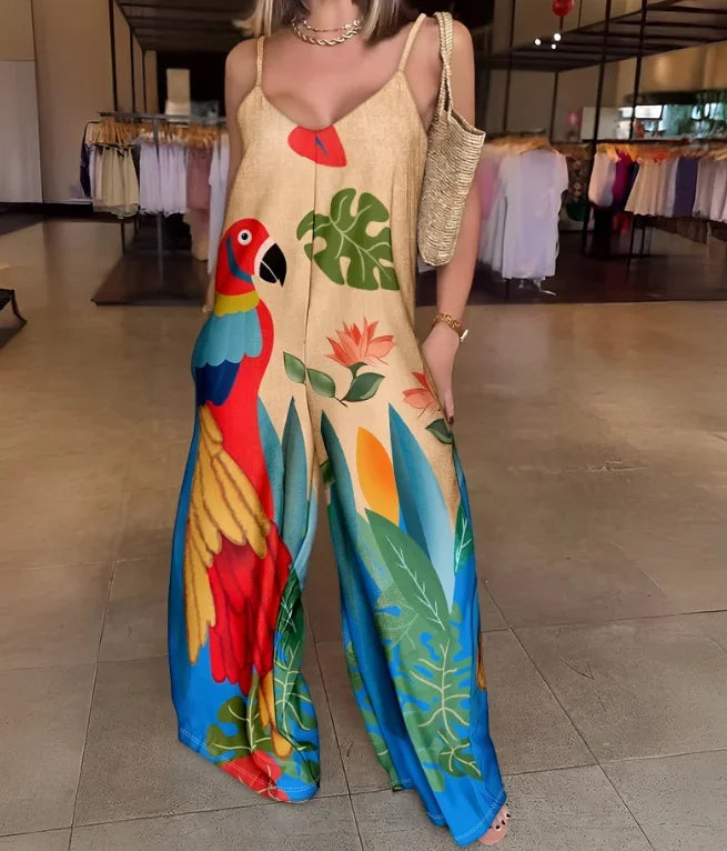 Jumpsuit Women Tropical Print V-Neck - Piña Colada