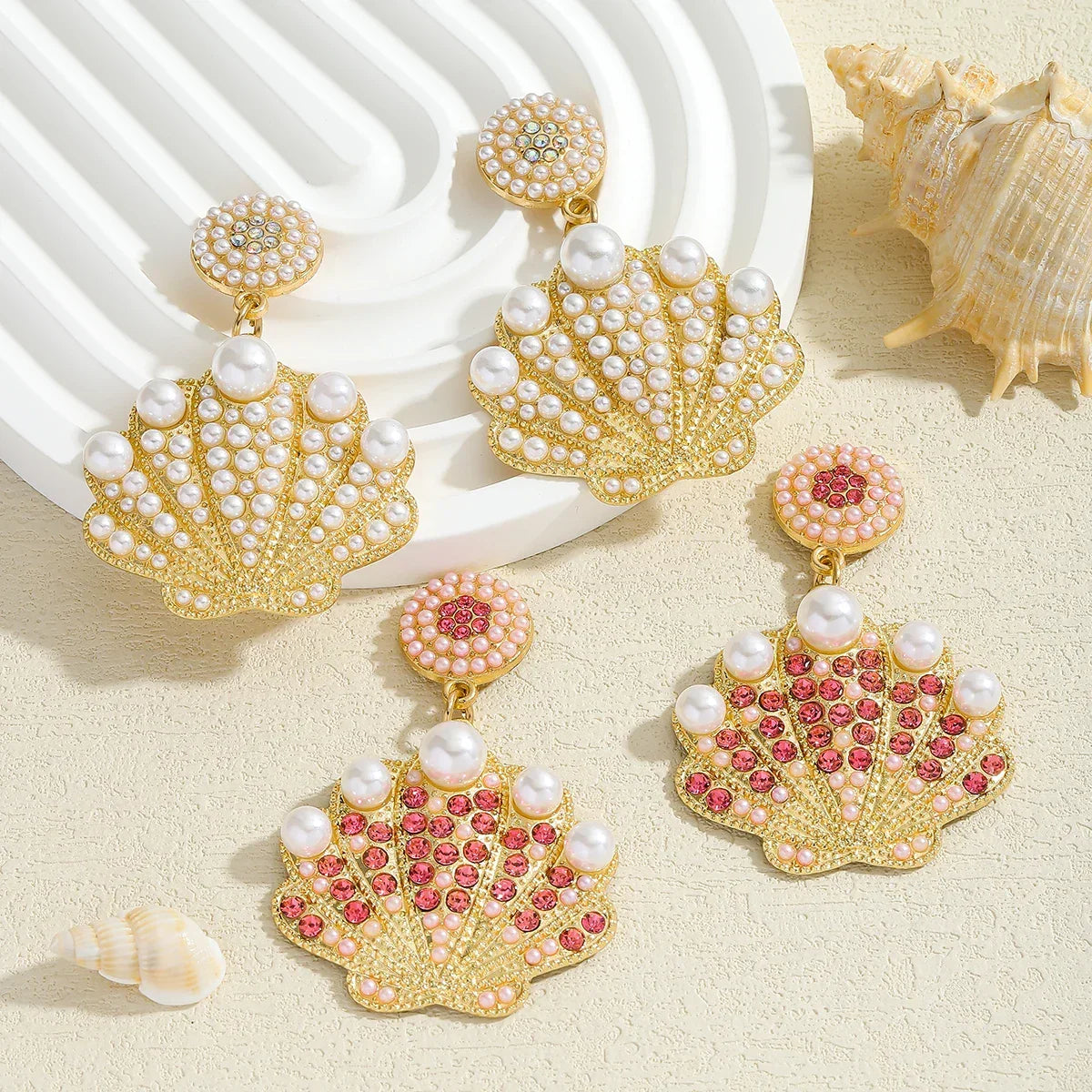 Bling Faux Pearl Shell Drop Earrings - Piña Colada