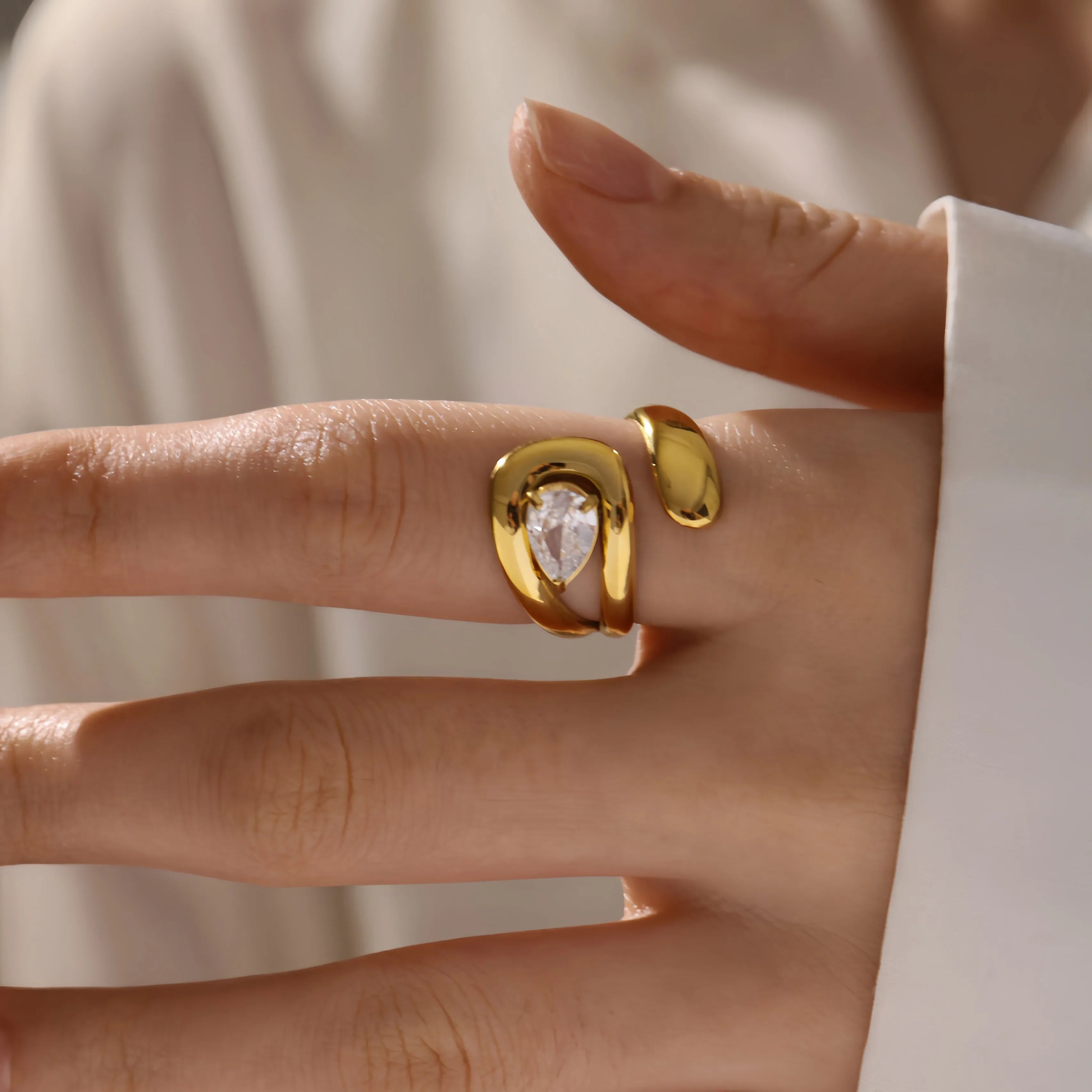 18K Gold Plated Geometric Ring – Waterproof Stainless Steel with Zircon Inlay - Piña Colada