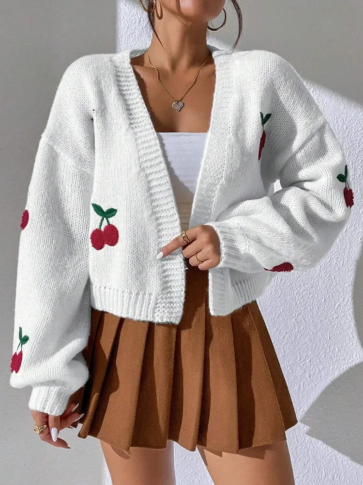 Embroidered Cherry Knit Cardigan - Piña Colada