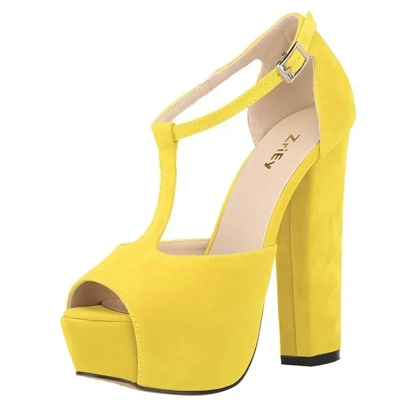 Women Ankle Strap Sandals Platform Open Toe High Heels Summer 14cm - Piña Colada