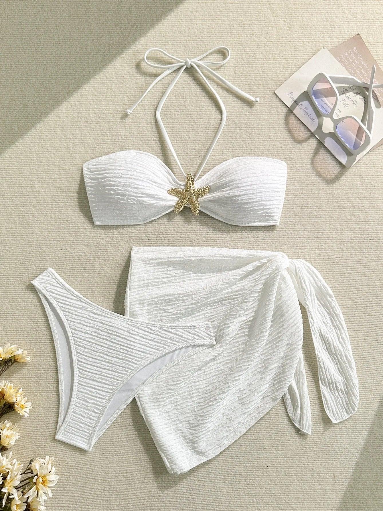 3-Piece Leopard Mesh Bikini Set – Starfish Charm & Bandeau Top - Piña Colada